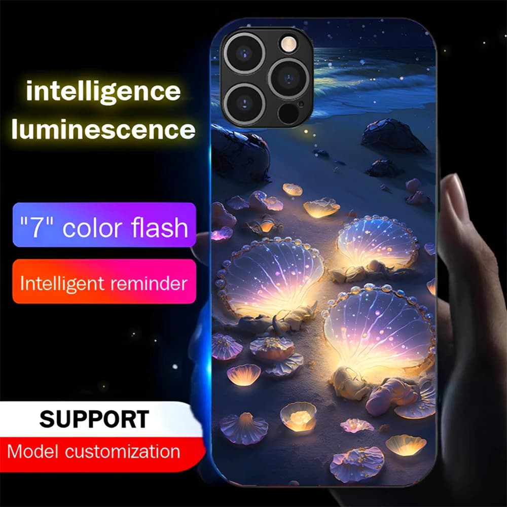 Pretty Beach Shell Sound Control LED Flash Case Luminous Glass Cover For iPhone Air 17 16 E 15 14 13 12 11 Pro Max XR XS Plus
