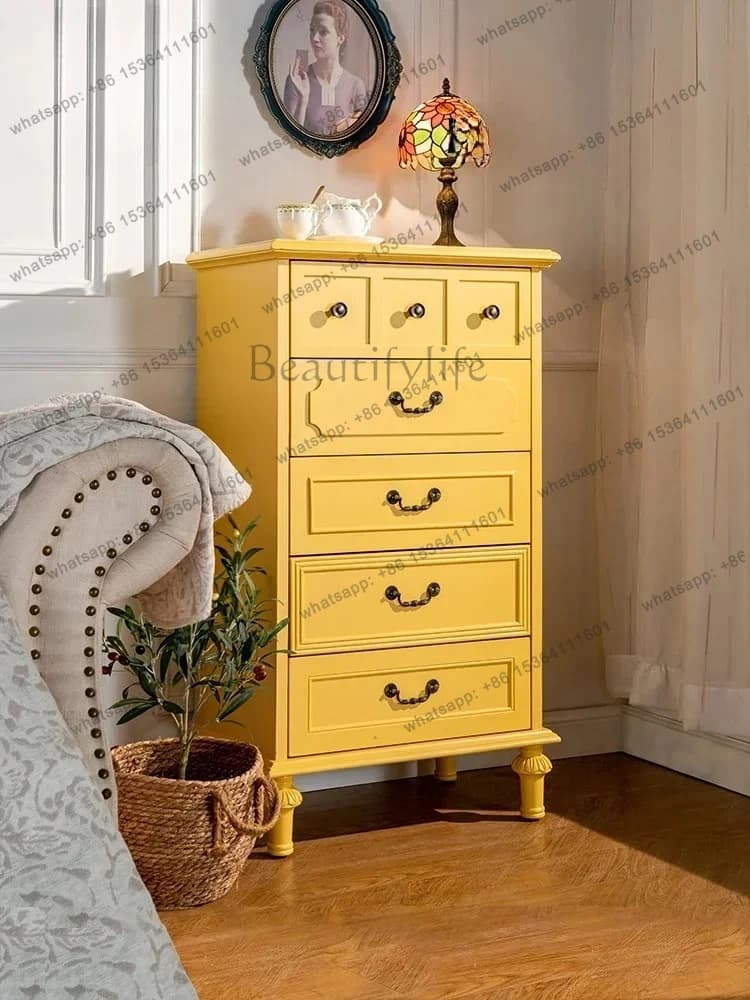 yj57 Simple Solid Wood Chest of Drawers American Nine Chest of Drawers Bedroom Floor Locker Yellow Storage Cabinet