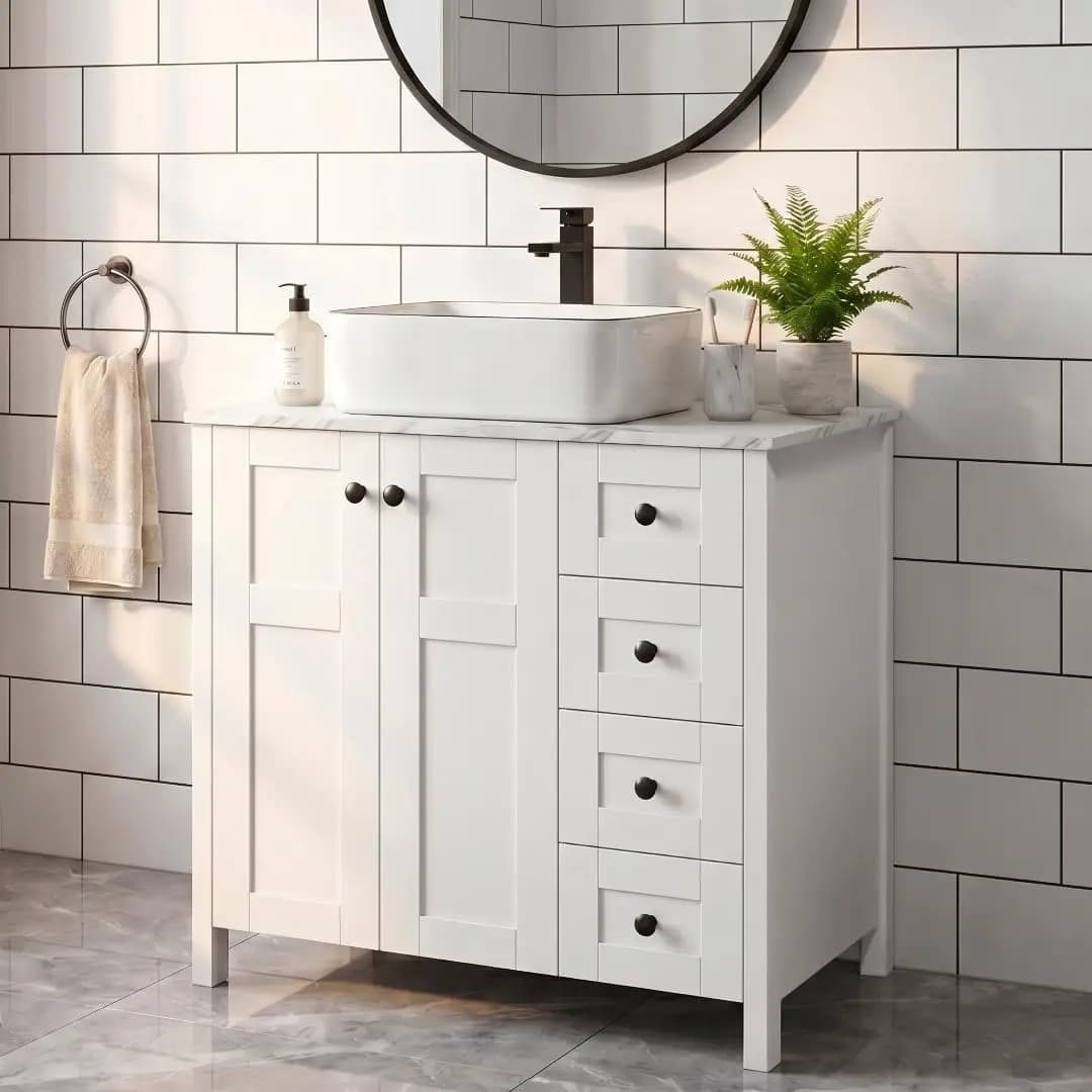 32" White Bathroom Vanity with Marble Texture Top and 4 Drawers, Modern Standing Pedestal Cabinet with White, Customized