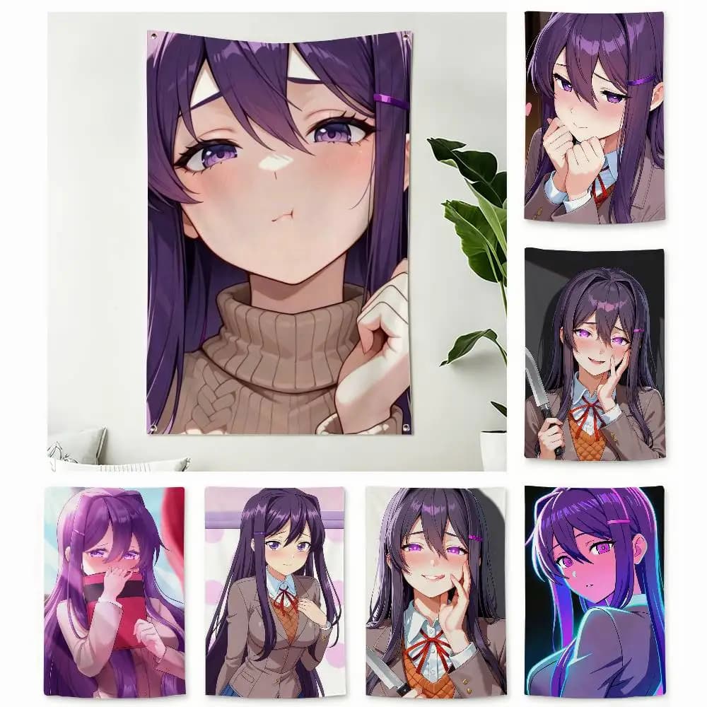 Doki DDLC Kawaii Y-Yuri  Home Decor Vertical Flags Indoor Outdoor Hanging Decor for Bedroom Living Room Wall Decoration
