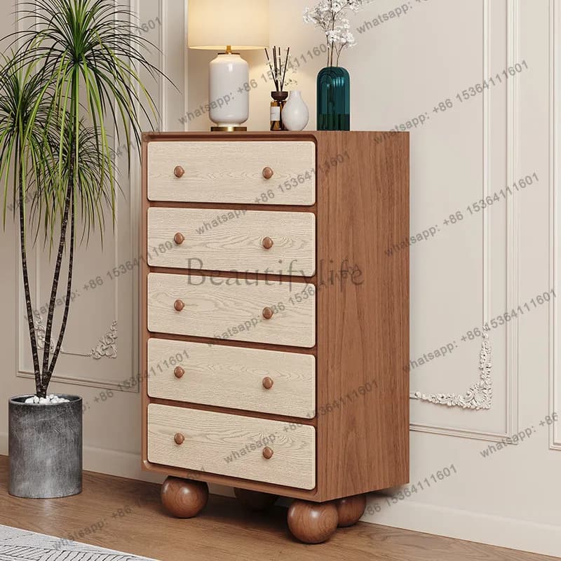 Medieval solid wood storage cabinet, living room against the wall, Nordic retro bucket cabinet, drawer cabinet