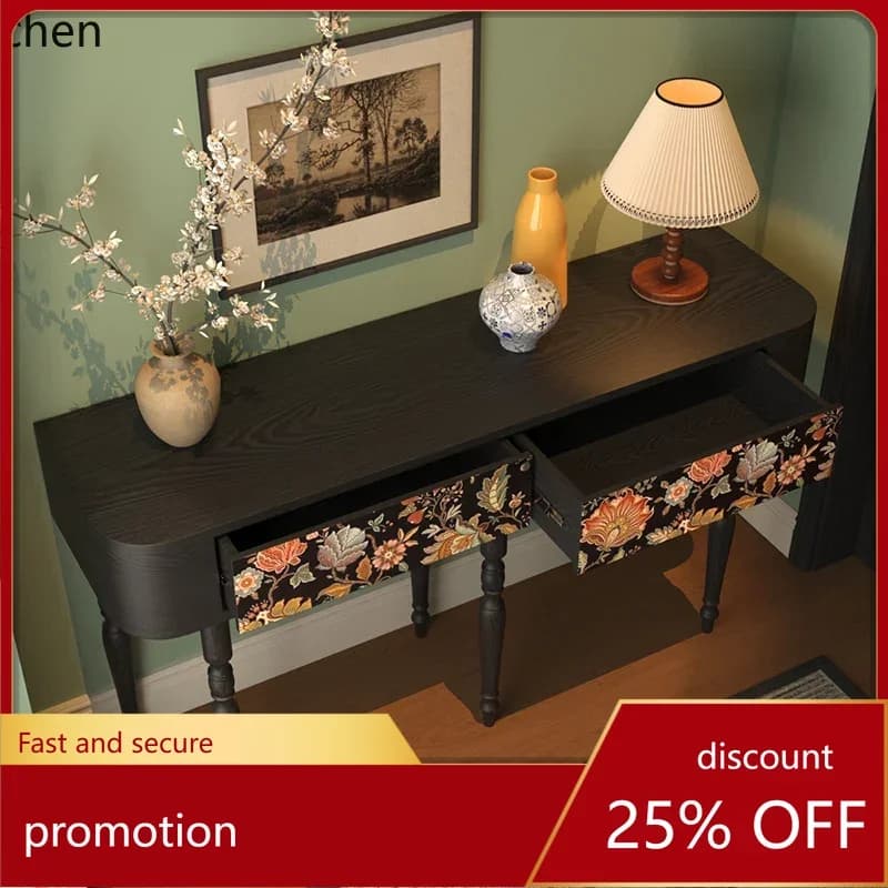 HT entrance table Entry entrance locker Hotel lobby against the wall Solid wood retro decorative storage integrated chest