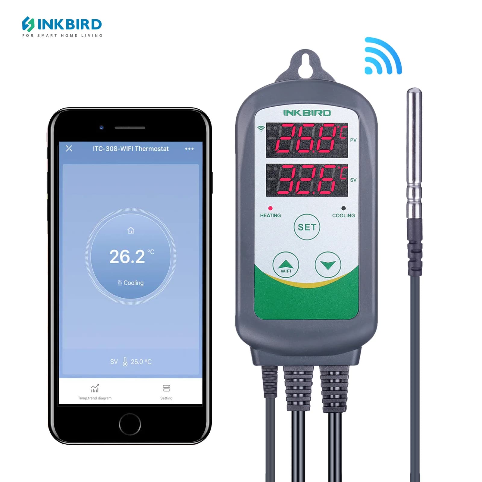 INKBIRD ITC-308-Wifi Temperature Controller Dual Relay Output Wireless Smart Digital Thermostat for Homebrewing,Seed Planting
