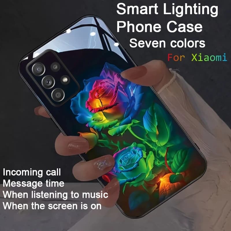 Gradient Rainbow Rose Phone Case Light Up For Xiaomi Redmi Note 14 13 15 Pro 4G 5G 14T 15T POCO F7 F8 Ultra Glow LED Cover