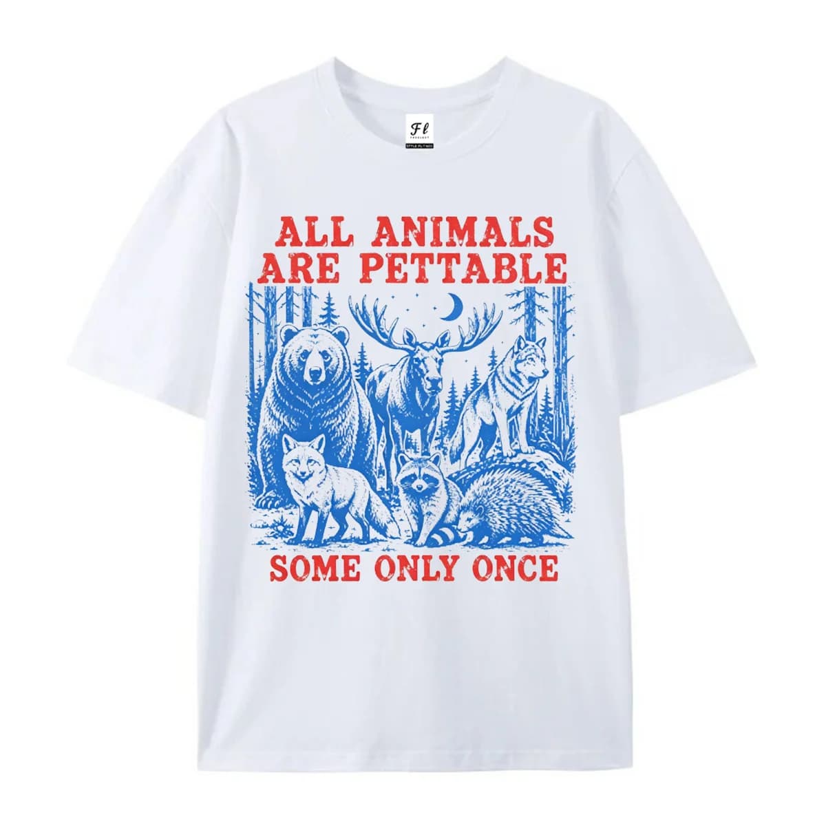 All Animals Are Pettable Graphic T-Shirt Retro Forest Animal Print Short Sleeve Tee Casual Loose Fit Tops for Men Streetwear