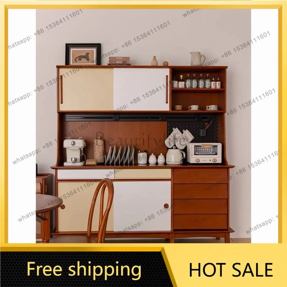 LJY medieval solid wood dining side cabinet kitchen wall integrated cabinet multi-functional rock slab