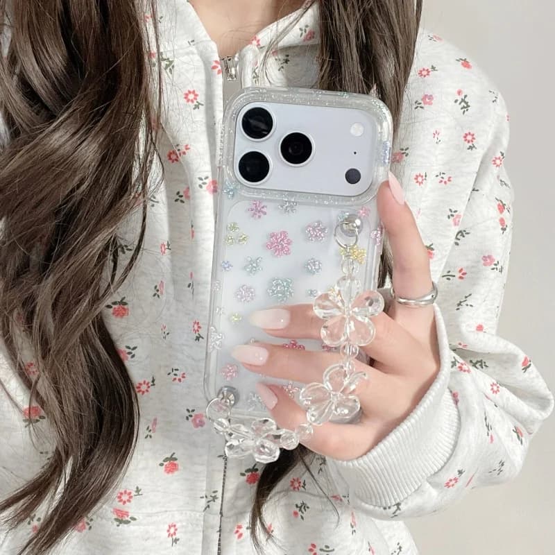 Clear Color Glitter Small Flower Phone Case For Apple iPhone 17 Pro 16 15 Pro Max Cover with Wrist Strap Shockproof Protective C