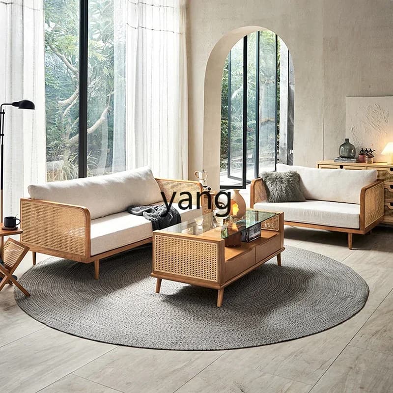 LMrattan sofa combination vacation home solid wood sofa new Chinese rattan chair