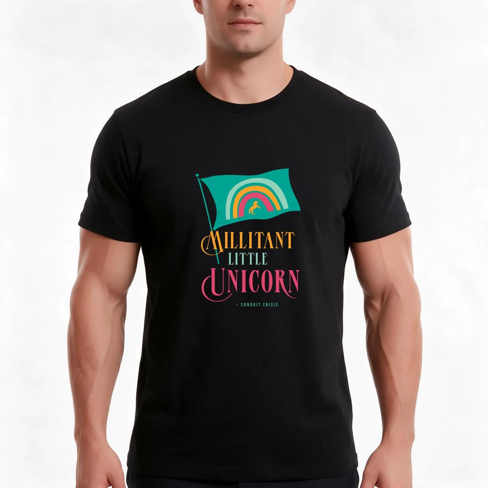 Militant Little Unicorn (dark background) T-Shirt, Summer Casual Cotton Tee, Oversized Streetwear Tops, Vintage Graphic Print