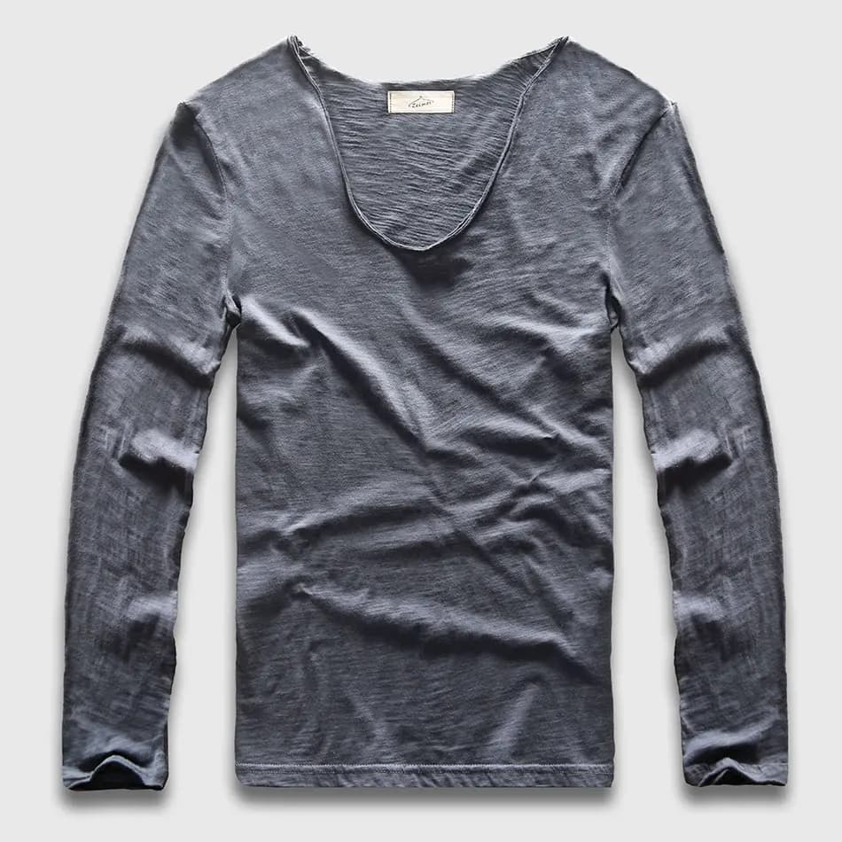Zecmos Long Sleeve Men T-Shirt V Neck Male T Shirt Cotton Fashion Top Tees Slim Fit