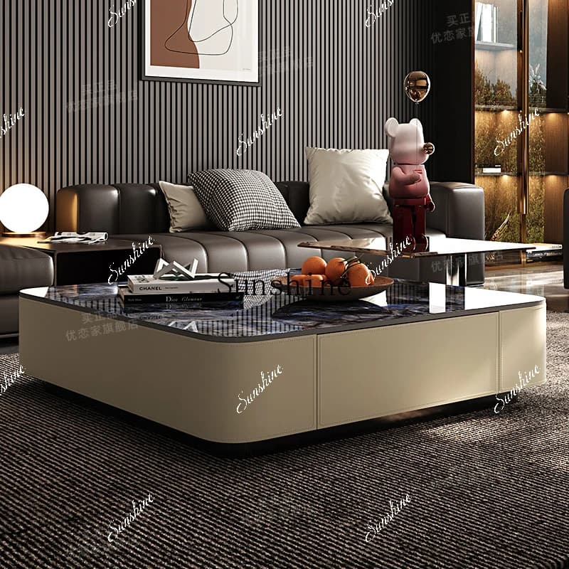 Household Italian minimalist living room light luxury small apartment saddle leather coffee table  FT