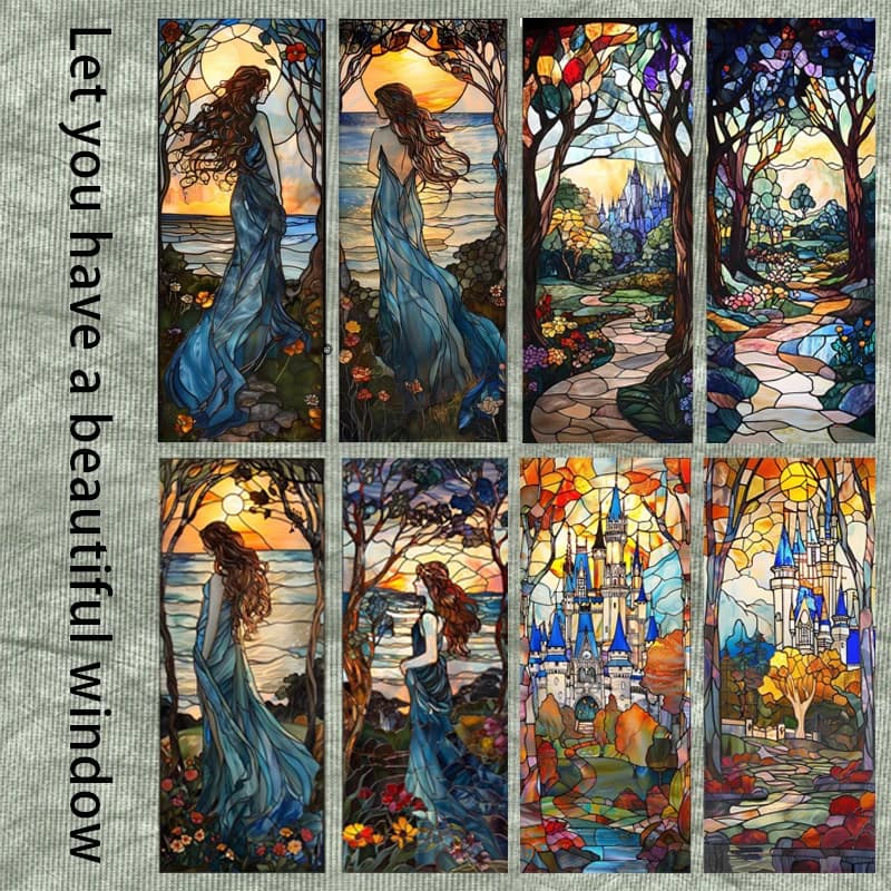 European Style Beautiful Window Paper, Retro American Style Colored Glass Film Window Film Stained Glass Static Cling  Frosted