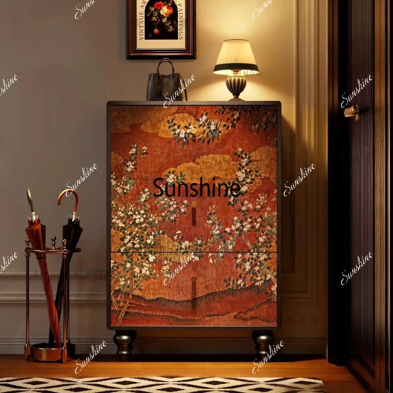 Flower solid wood shoe cabinet entrance wall storage cabinet living room entrance decoration cabinet
