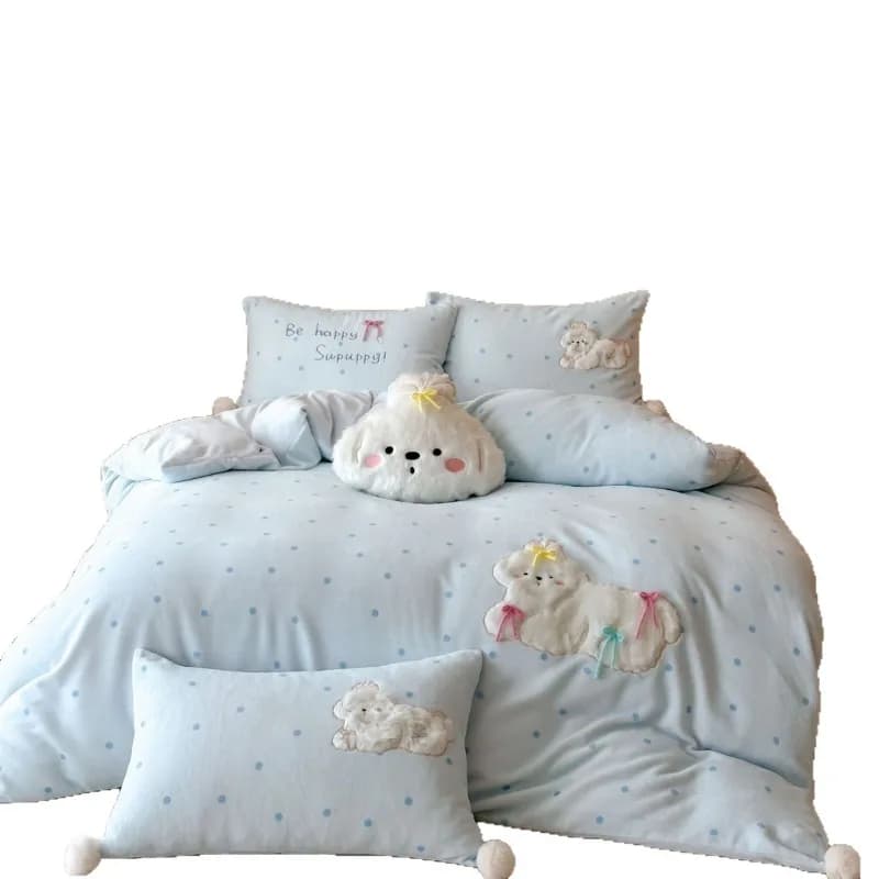 Cartoon cute little fresh milk fleece thickened three or four-piece set blue polka dots Korean sweet warm
