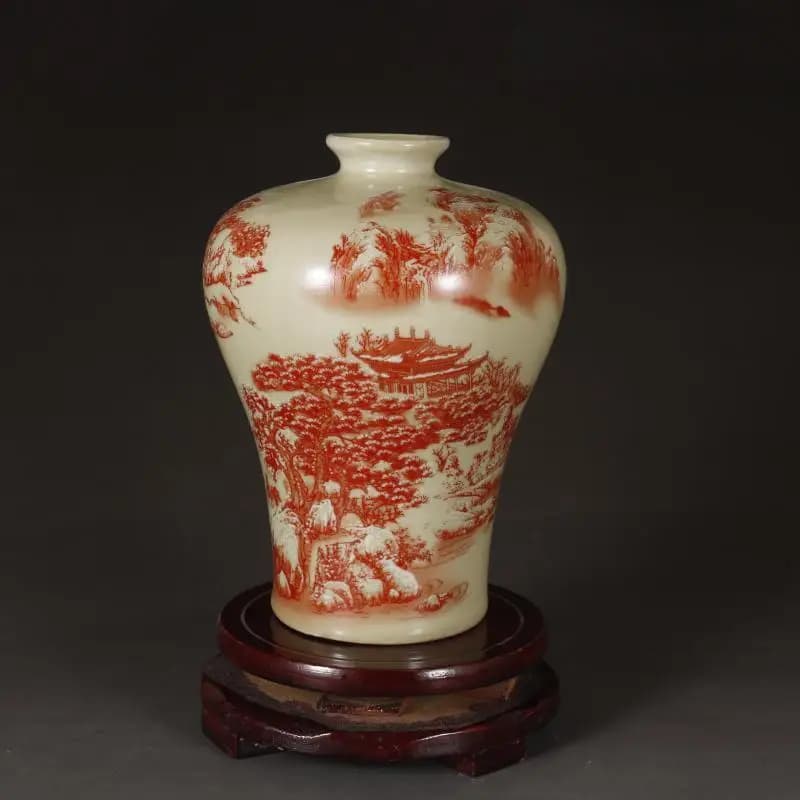 Chinese Collection Nice Art Work Porcelain Alum Red Landscape Pulm Vases 6.49"