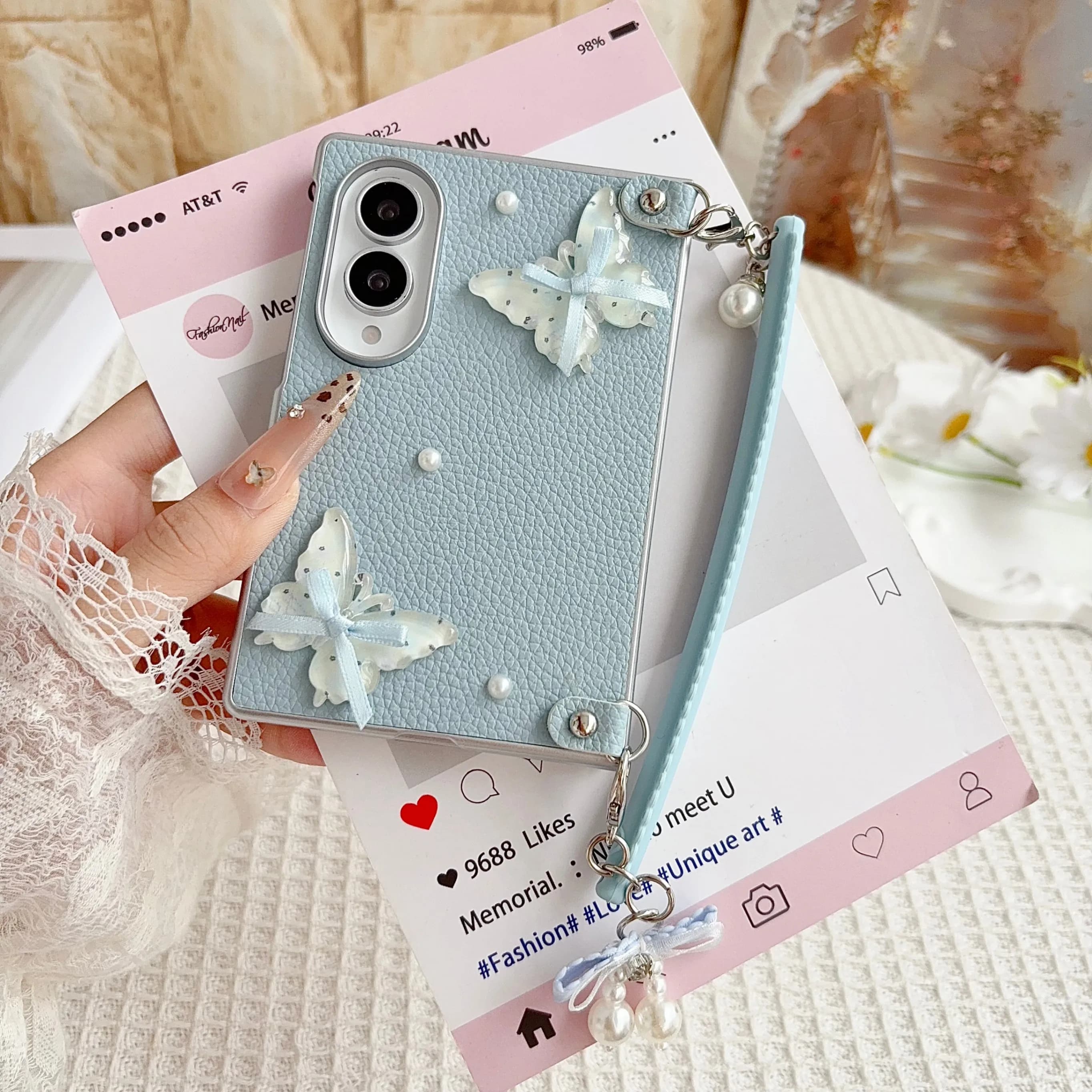 Cute 3D Butterfly Pearl Decor PU Leather Phone Case For Samsung Galaxy Z Fold8 With Hand Strap Litchi Grain Protective Funda