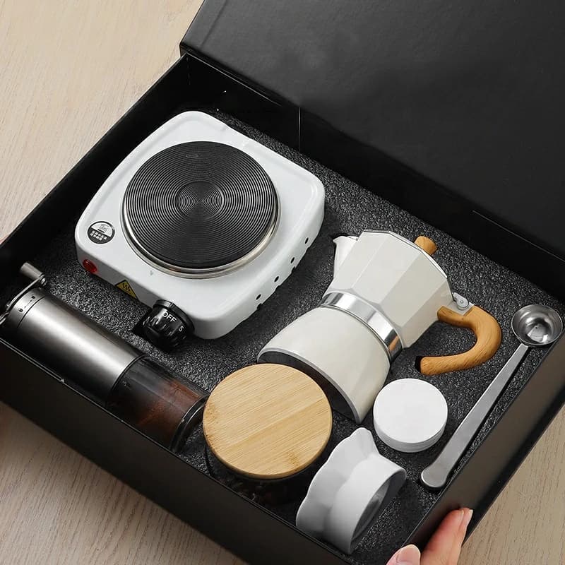 7 Piece Portable Espresso Machine Set Stove Kettle Barista Tools Moka Pot Coffee Machine Premium Gift Box with Grinder