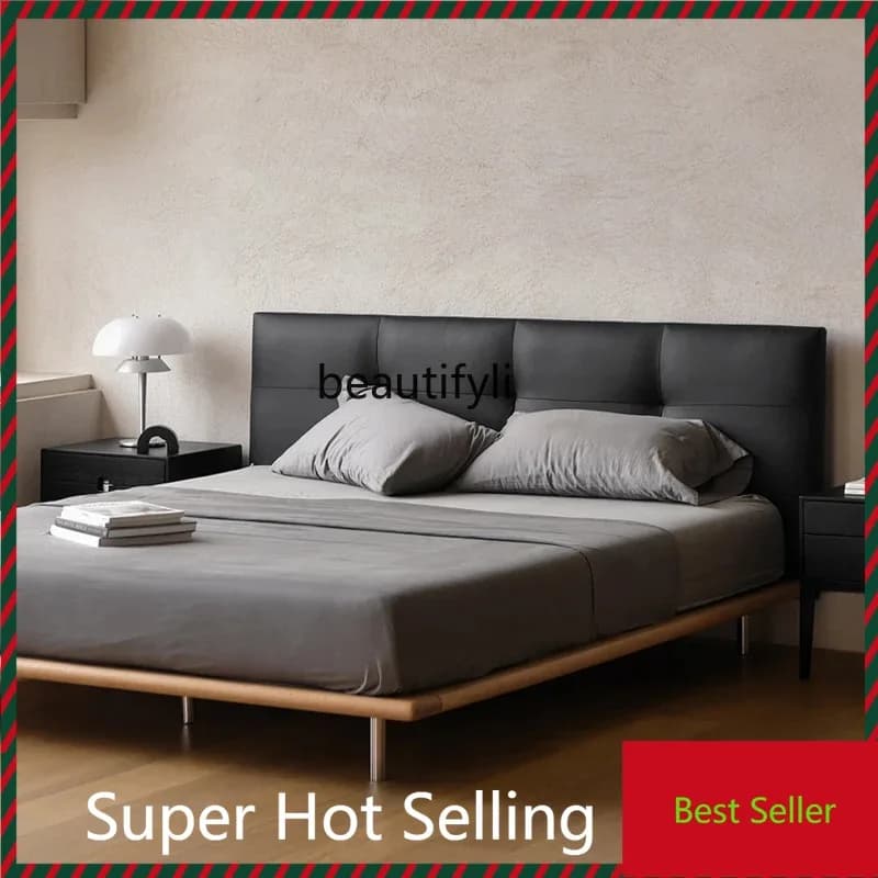 QQ132 Nordic Italian Minimalist Cowhide Solid Wood Bed Leather Soft Bag Backrest Modern Light Luxury Double Bed