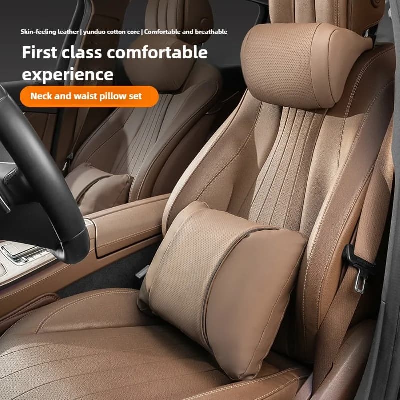 Nappa Leather Car Neck Pillow and Waist Pillow Comfortable Car Headrest and Lumbar Set Seat Accessories Car Neck Lumbar Support