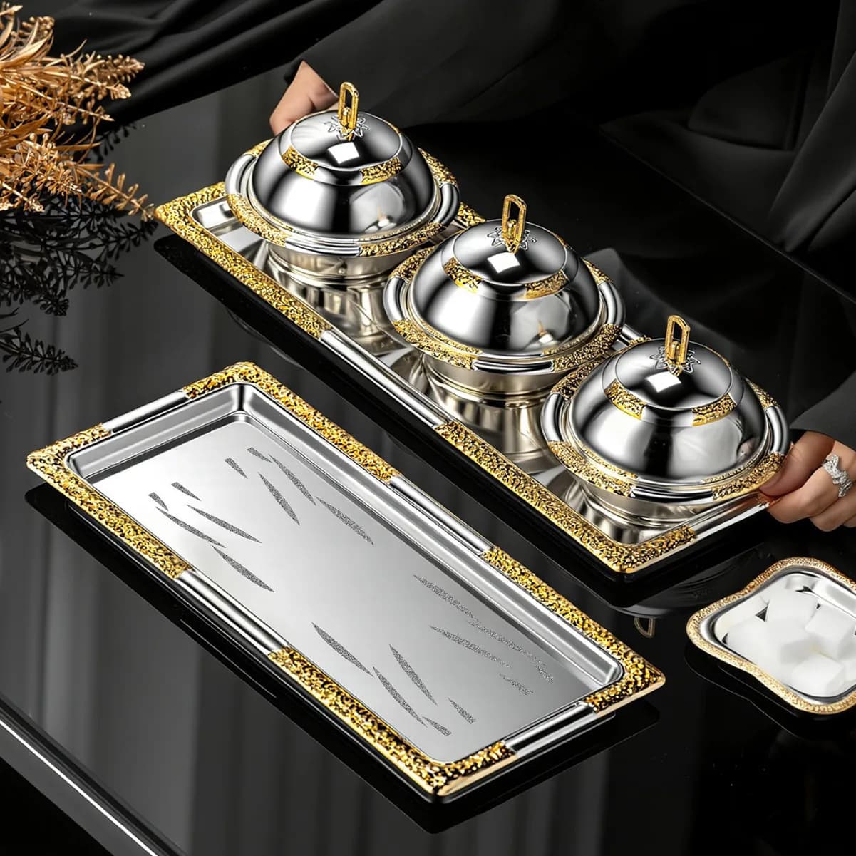 Golden Wrought Iron Long Tray, Storage Tray, Dinner Plate and Serving Tray Middle Eastern Style S M L Size