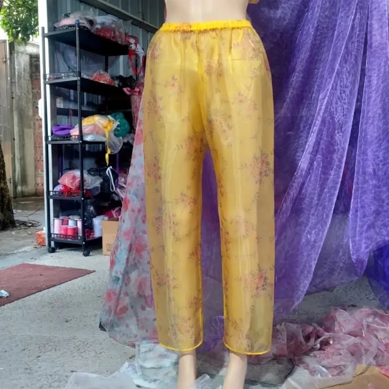 Men Plus Size Golden Organza Pants High Gloss Flowers See Through Women Erotic Ruffled Lantern Pants Loose Soft Silky Trousers