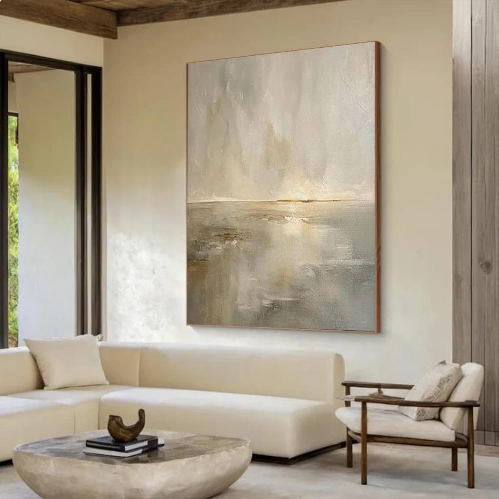 100% Handmade Abstract Oil Painting Original Grey Gold Sea View Wall Art Picture Large Mural For Home Living Room Decor Image