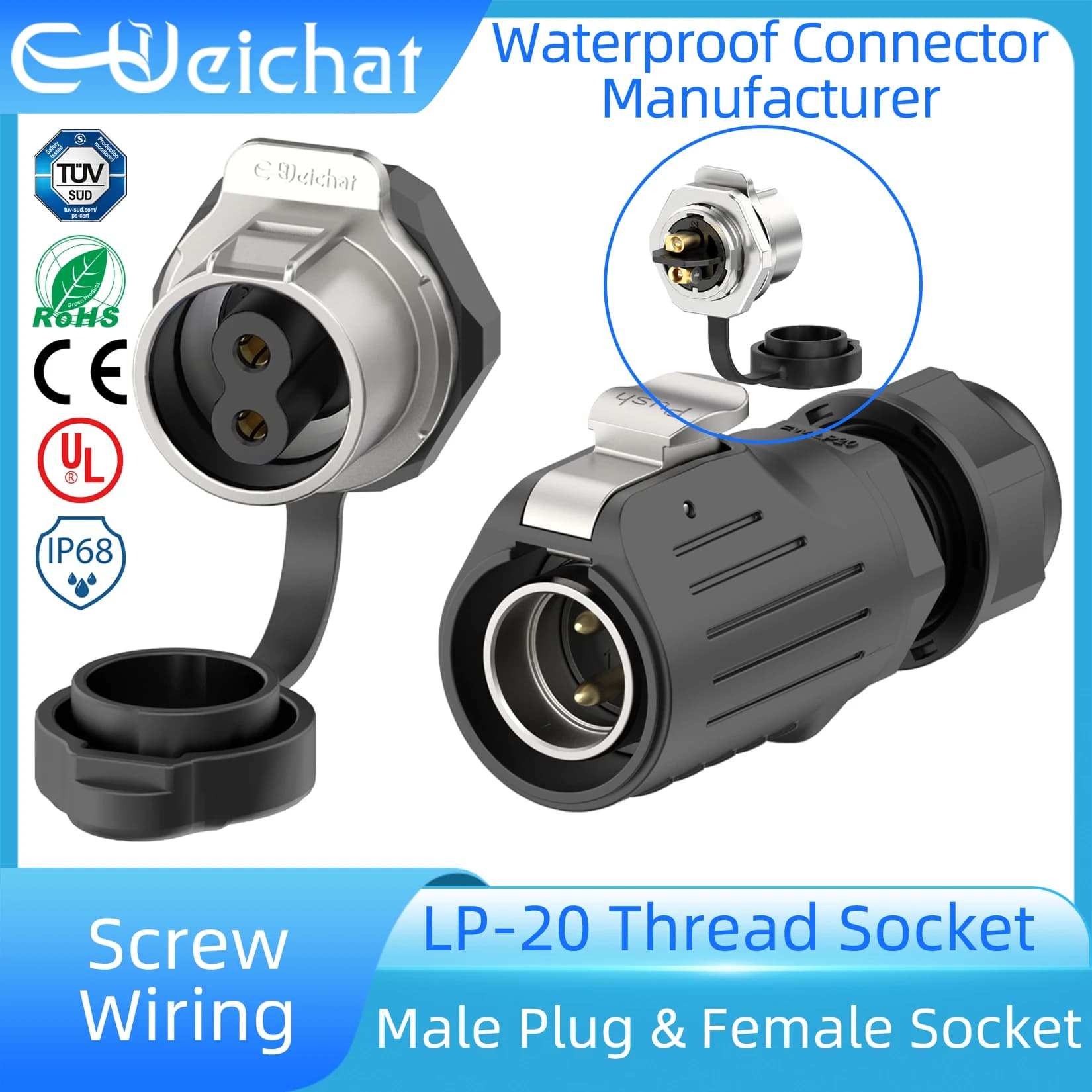 LP20 IP68 Waterproof Connector Screw Wiring 2-7 Pin Male Plug + Thread Socket Industrial Circular Aviation Electrical Connector