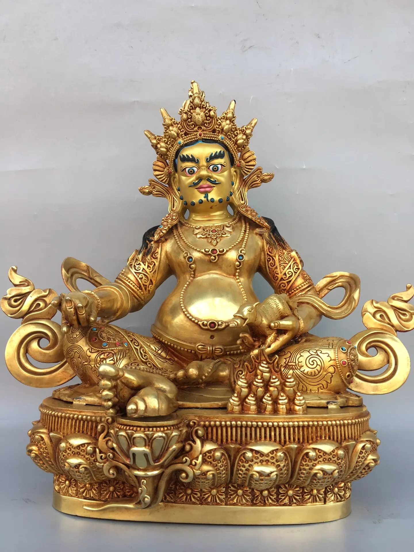 19"Tibetan Temple Collection Old Bronze Painted Face Cinnabar Gem Yellow Jambhala Buddha Tibetan god of wealth Worship Hall