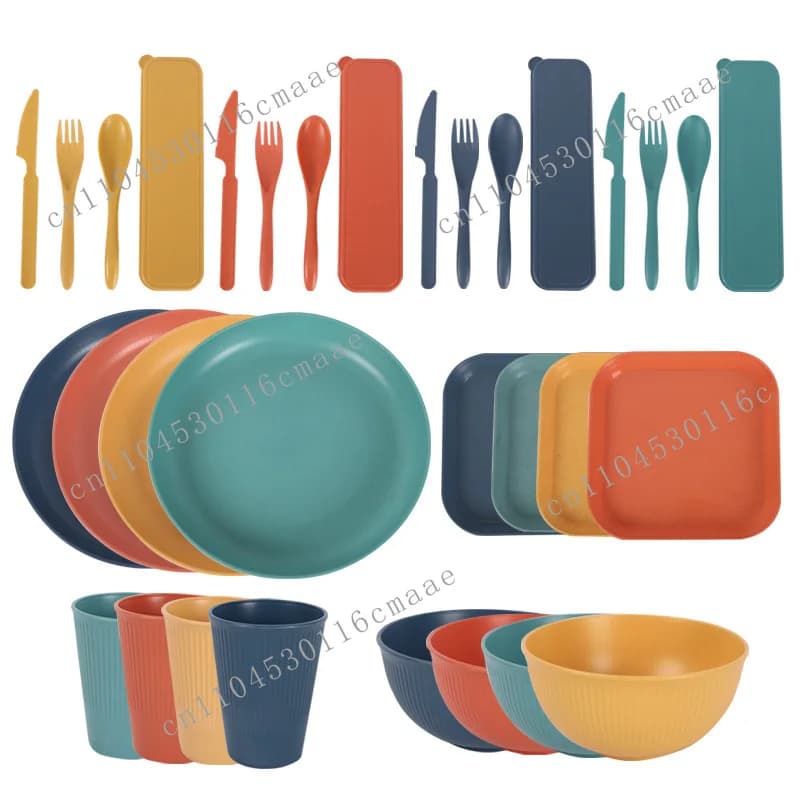 Camper Accessories 32 Piece Set of Wheat Straw Tableware Portable Durable Knife Fork Spoon Sets Suit
