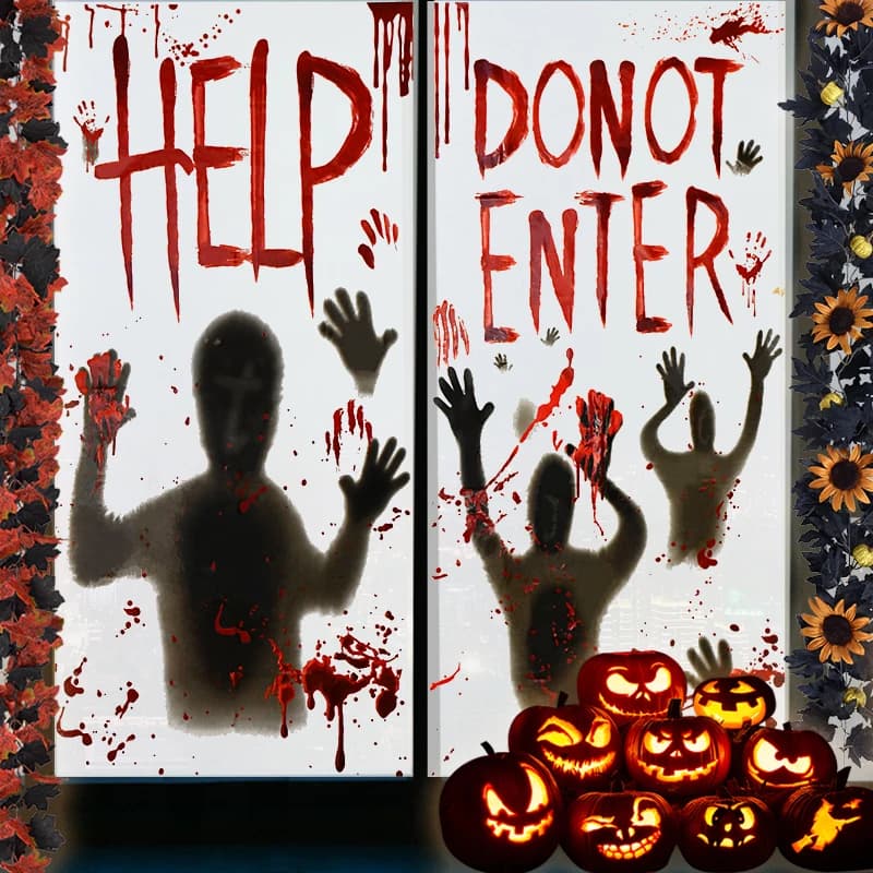 Haunted House Halloween Home Decor Large PVC Bloody Ghost Glass Sticker DONOT ENTER HELP US Horror Slogan Decal Party Atmosphere