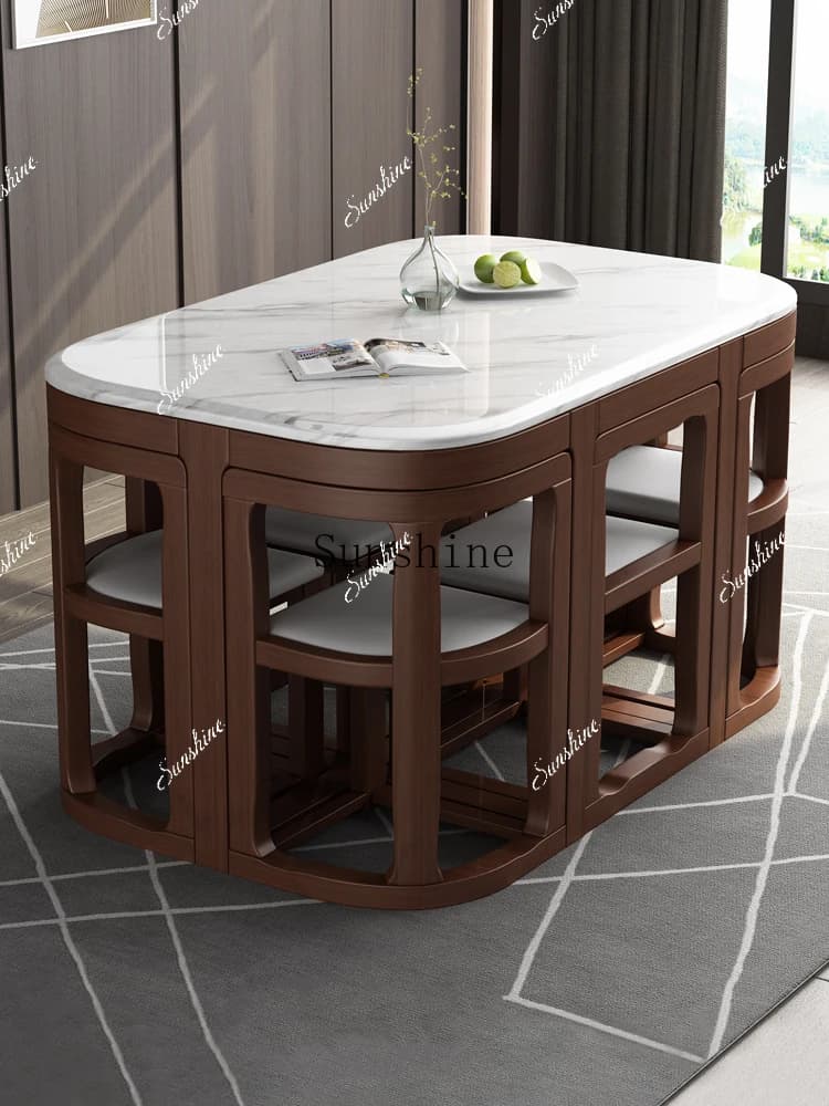 Small household new Chinese-style rectangular hidden induction cooker marble one table and six chairs  FT