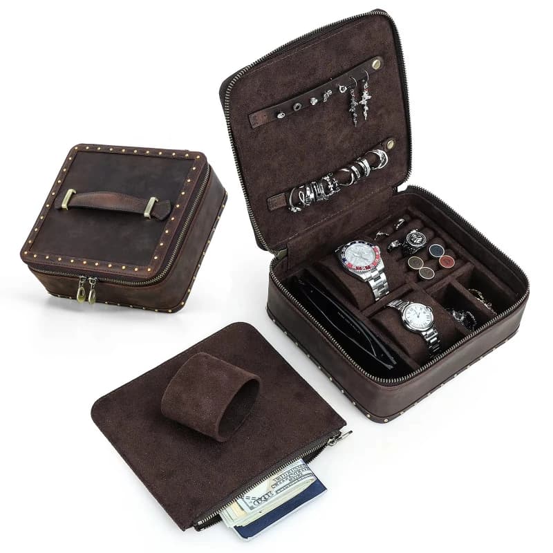 Manufacturer Price Vintage Vintage Travel Watch Jewelry Box Luxury Leather Storage Box Rivet Edge Male Female Low MOQ