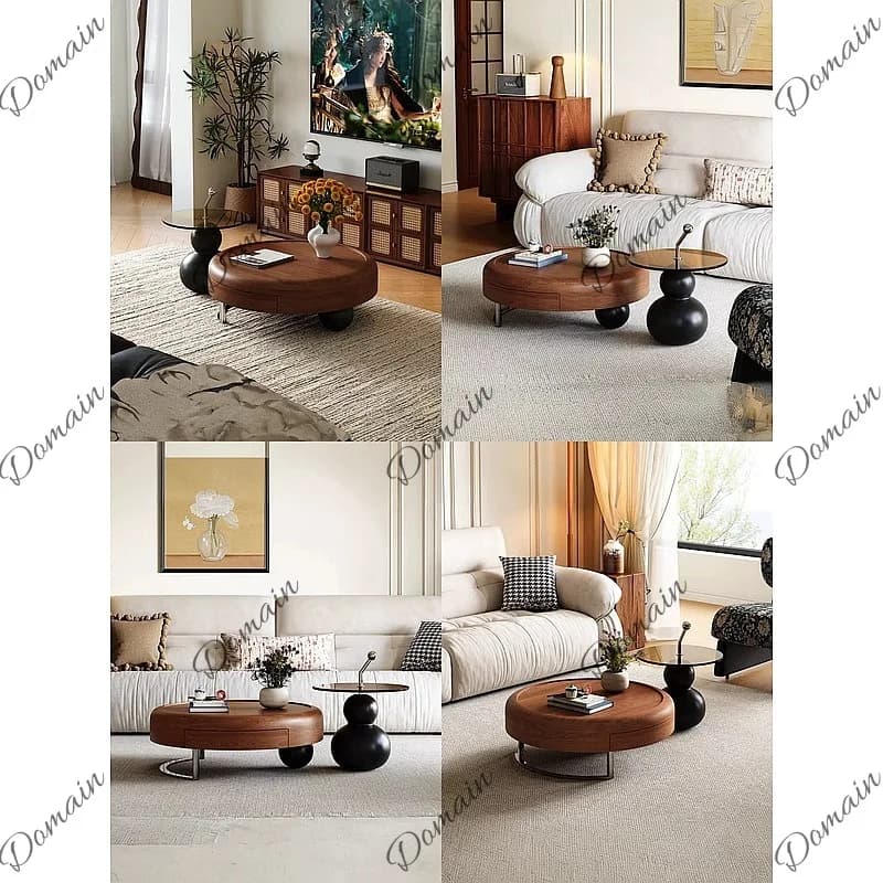 Retro Mid-Century Solid Wood Round Coffee Table, Modern Minimalist Italian Luxury Design for Small Living Room
