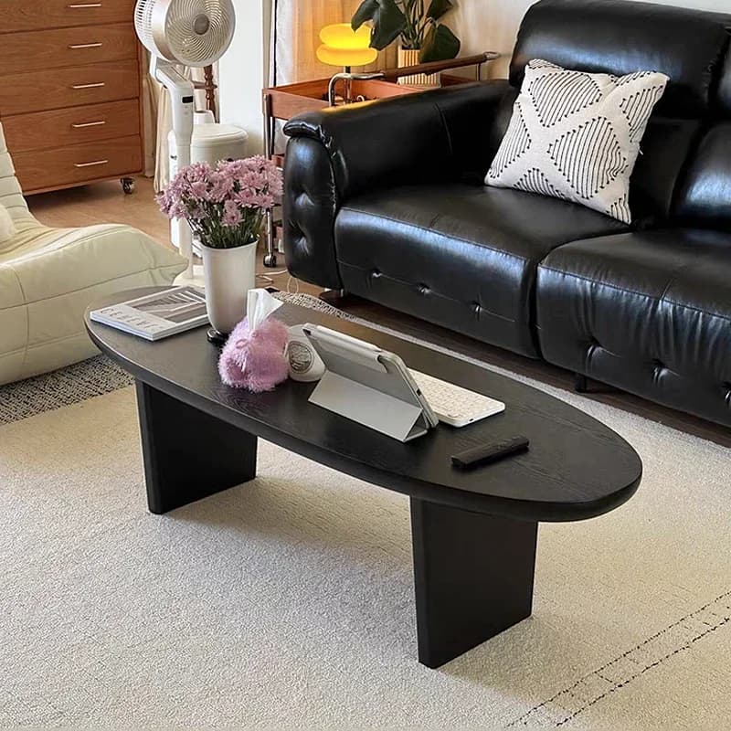 Medieval style solid wood coffee table living room household small apartment light luxury high-end sense black oval strip