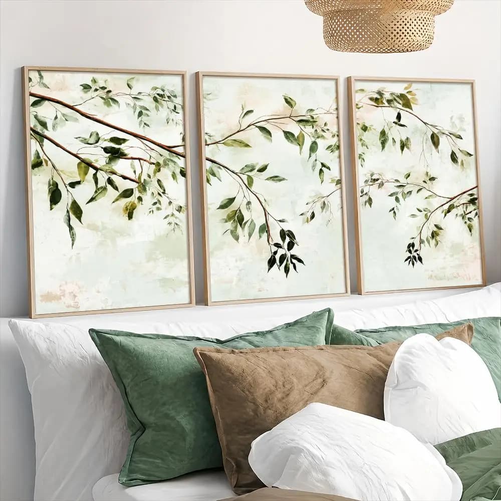 Watercolor Green Leaf Branches Botanical Painting Calligraphy 3 PCS Canvas Wall Art Prints for Living Room Decor Modern Decals