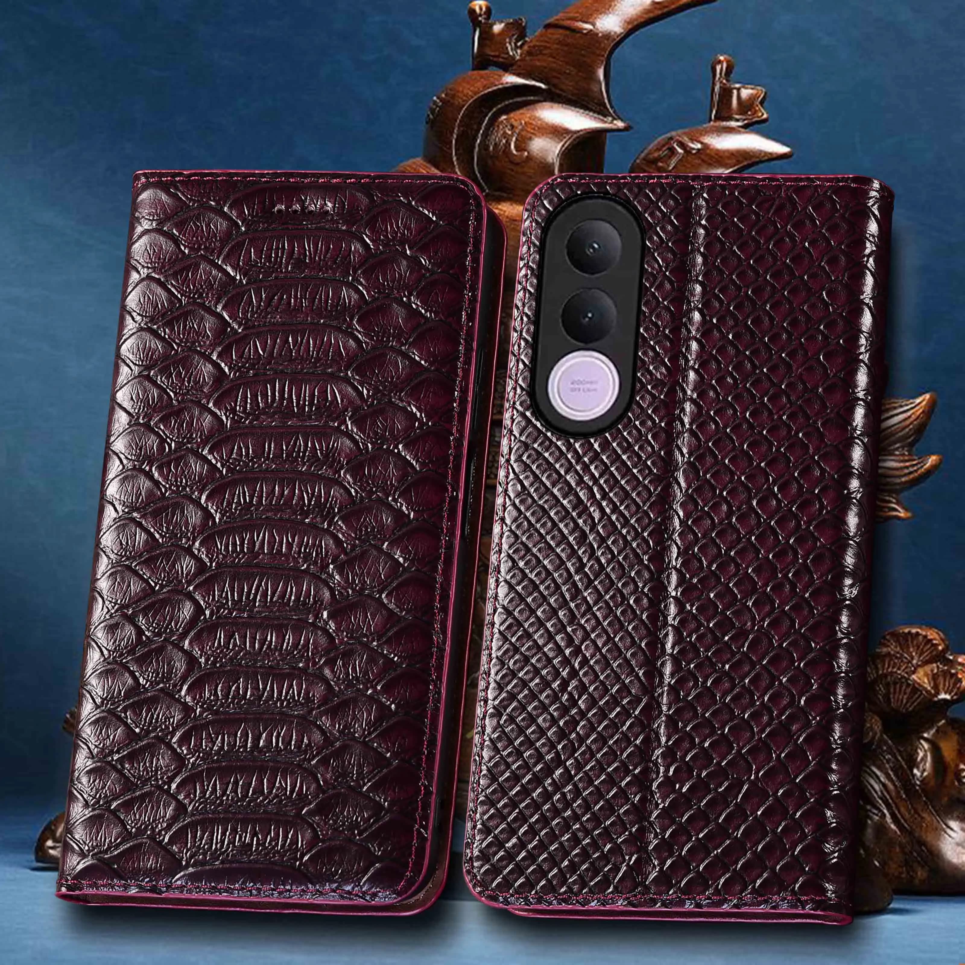 Genuine Leather Wallet Phone Case For Vivo V70 V60 V60E V50 V50E V40 V40E V30 V29 Lite Pro FE 4G 5G Python Pattern Of Cover Case