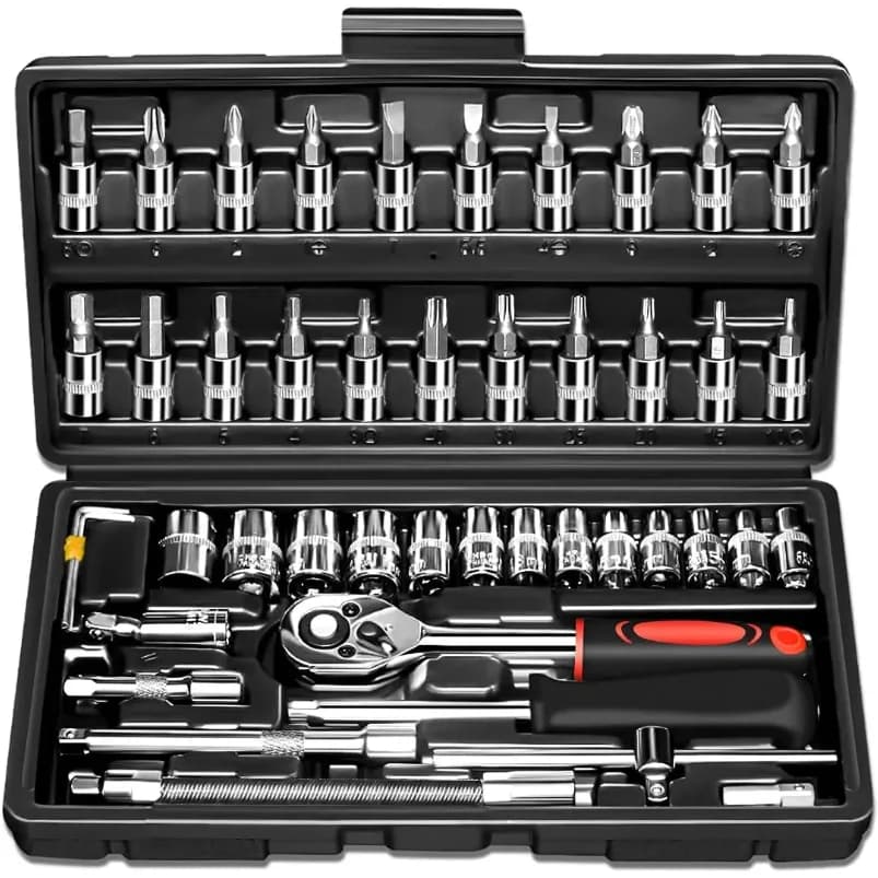 46 Pcs 1/4 Inch Drive Socket Ratchet Wrench Set Metric Drill Bit Sleeve Extension Bar Hand Tool Box Set for Auto Repair Garden