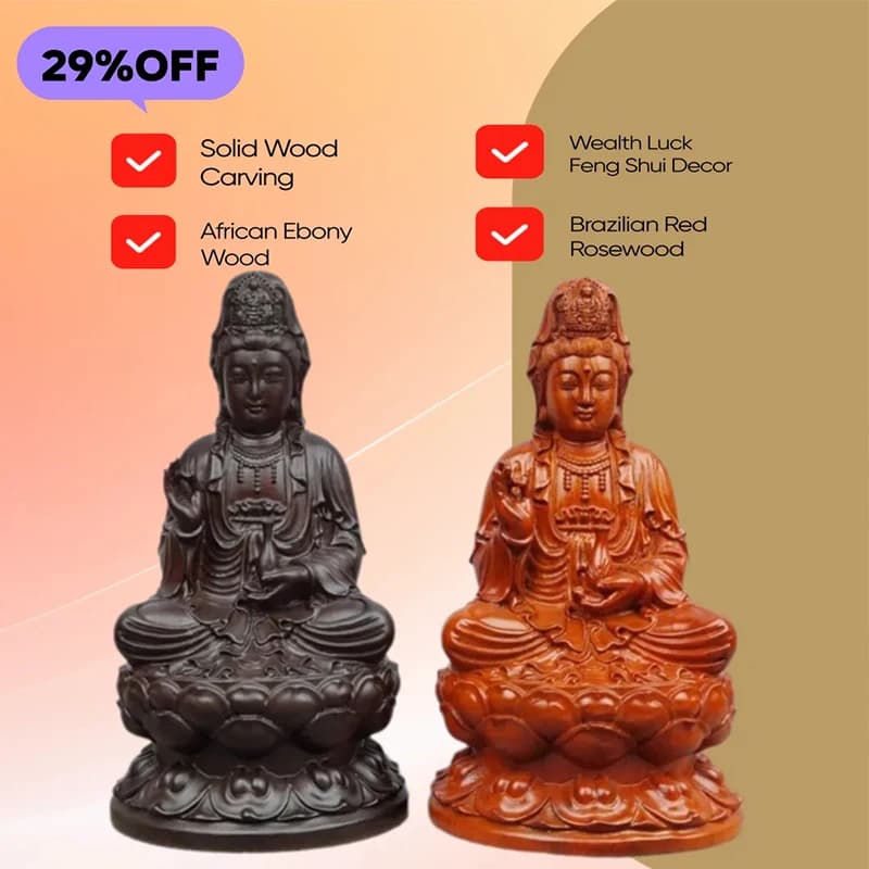 Solid Wood Carving Lotus Guanyin Bodhisattva Buddhist figures Home Room Office Wealth Luck Feng Shui Decor buddha wood