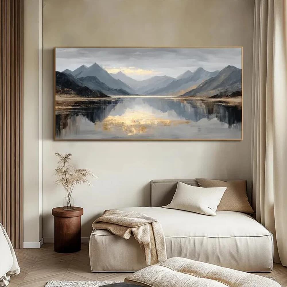 Mountain and lake oil paintings, textured landscape murals, hand-painted canvas, living room decorations, natural artworks