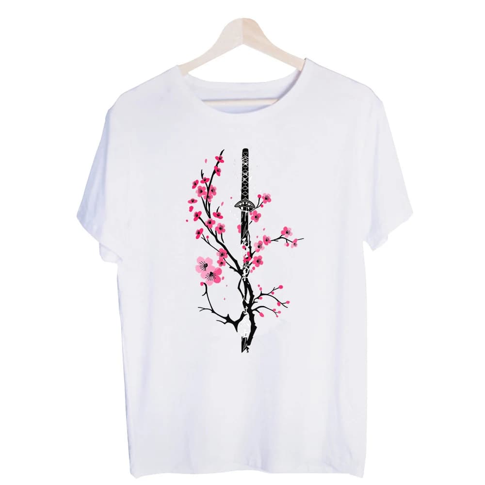 Men's Japanese Sword and Cherry Blossom Graphic Tee, Short Sleeve Crew Neck T-Shirt for Casual Summer Outfits