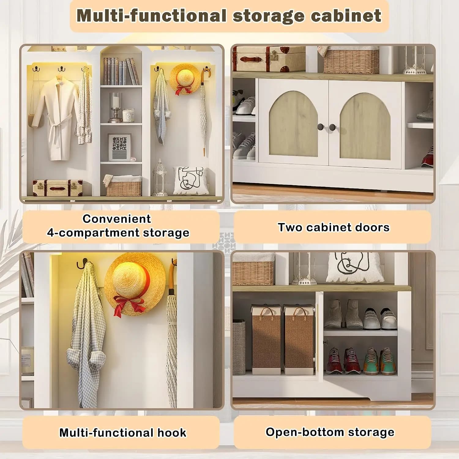 77.2" H Entryway Hall Tree with Arched Top, Bench and Shoe Storage Cabinet, 6 Hooks Coat Rack, Modern, Customized