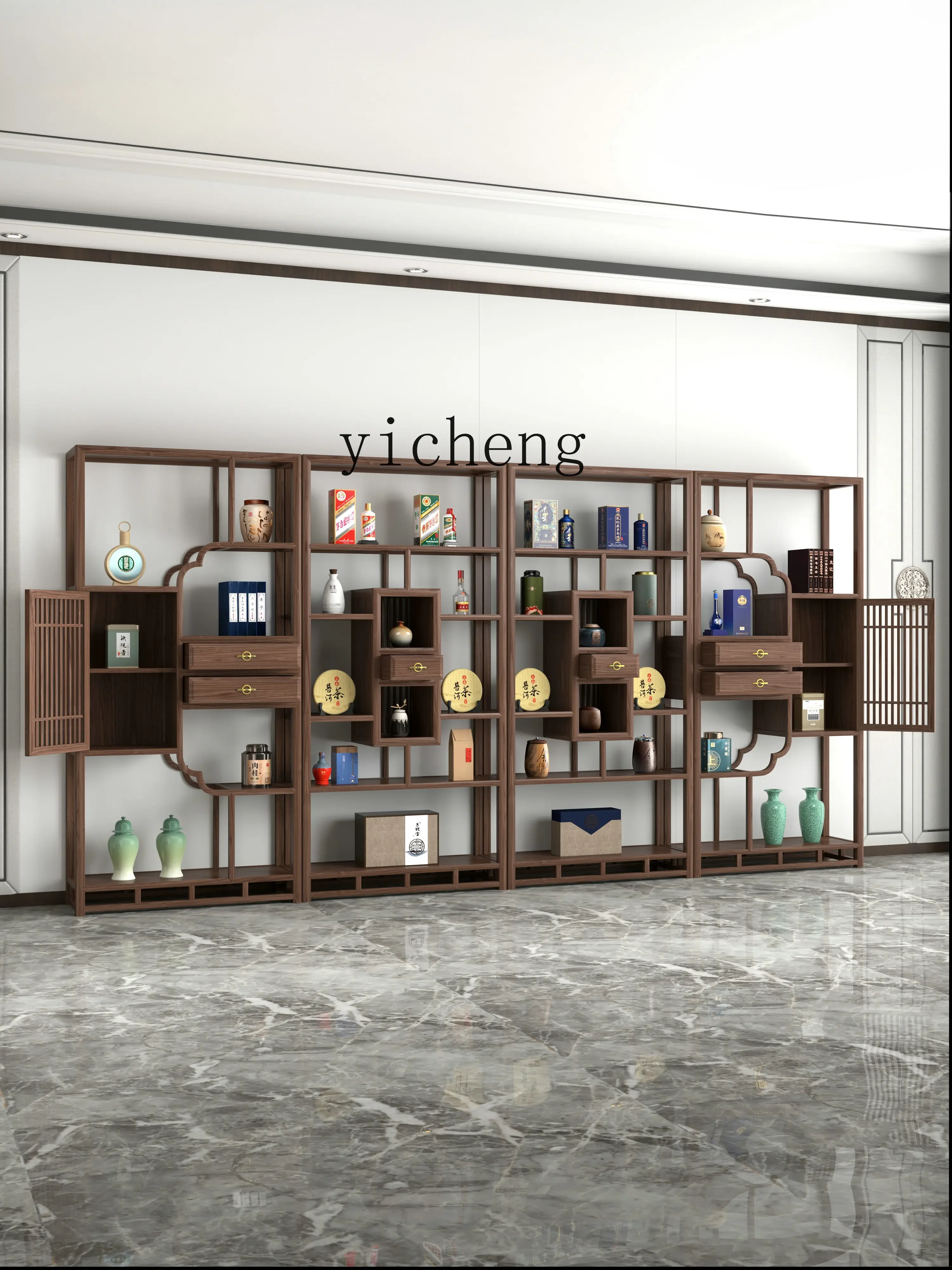 HYS New Chinese Solid Wood Bookcase Bogu Rack Wine Cabinet Shelf Ash Wood Tea Room Display Cabinet