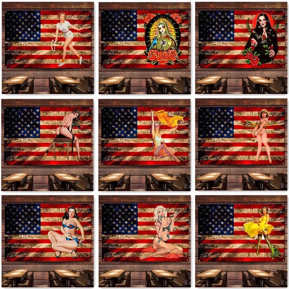 Vintage American Flag with Pin Up Girl - Wall Art Posters Prints Tapestry Hanging Banner Outdoor Indoor Room Home Decor Painting