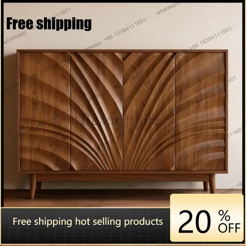 YJ 2026 New Chinese Black Walnut Solid Wood Geometric Sideboard Villa Entrance Custom Storage Cabinet