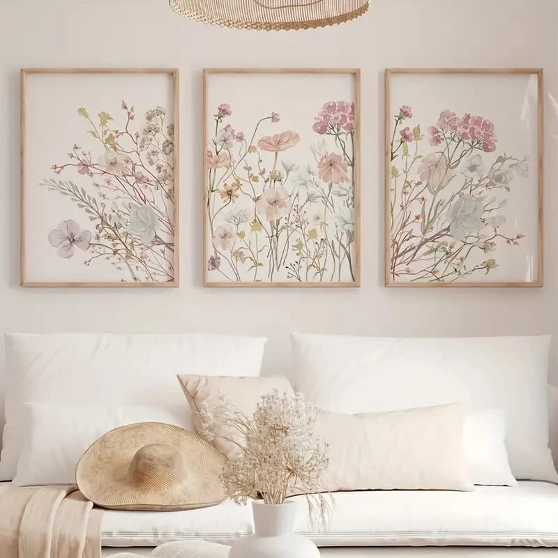 3pcs/Set Pink Watercolor Floral Canvas Art Painting, Bohemian Minimalist Style Interior Bedroom, Office and Home Decoration