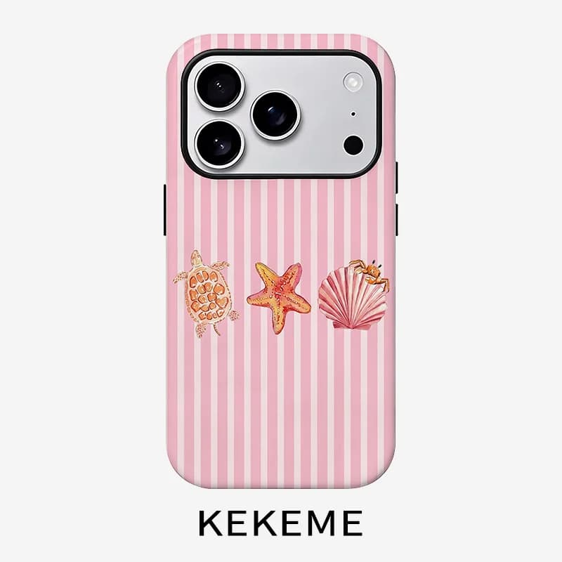 Fashion Marine Life Pink Stripe Pattern Two-in-one Film Phone case, suitable for iPhone 17, 16, 15, 14, 13, 12, 11, etc.