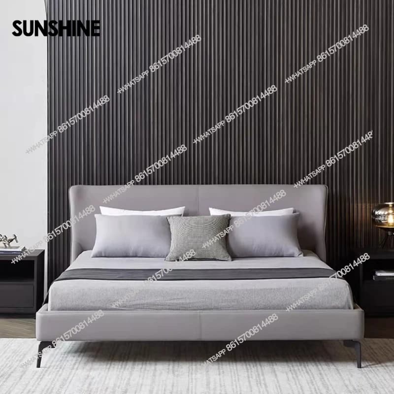 Italian minimalist top-layer leather double bed modern light luxury solid wood wedding bed