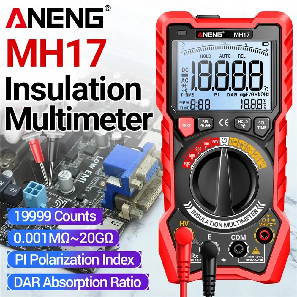 2in1 Insulation Resistance Digital Multimeter Rechargeable MH17 AC/DC Voltage True RMS 19999 Counts Tester Tools