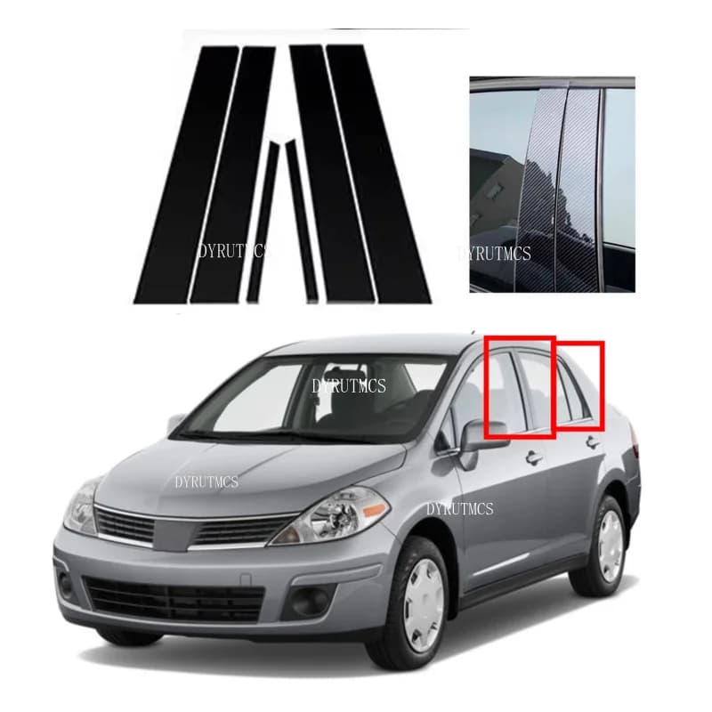 6Pcs  Glossy Black Pillar Post Trim Fit For Nissan Versa 4Door Sedan 2006-2010 2011 Window Moulding Sticker Cover Silver Carbon