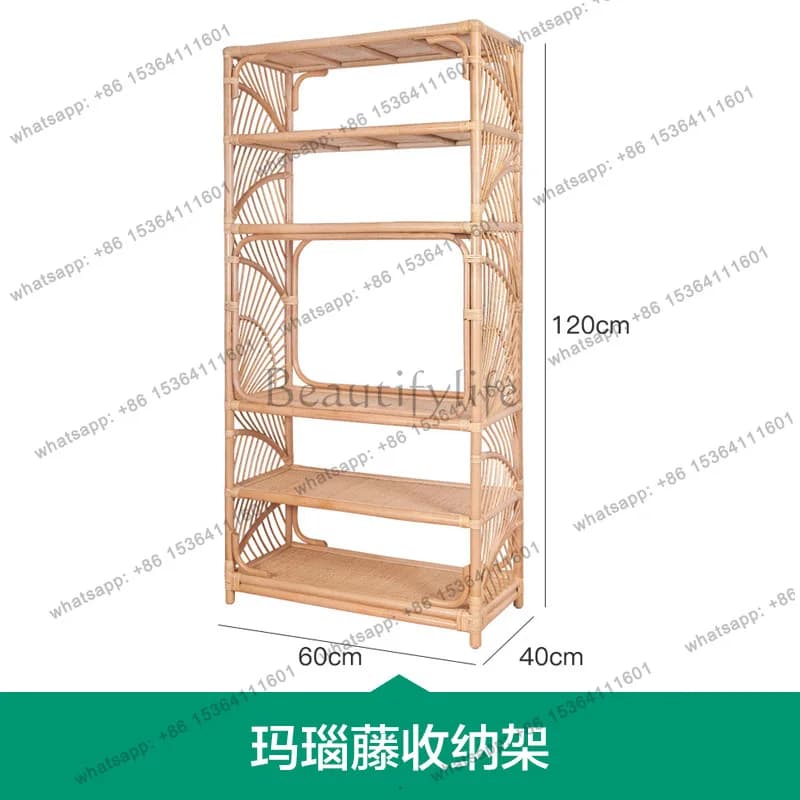 Nordic Ins Natural Rattan Woven Bookshelf Multi-layer Storage Rack Balcony Floor Shelf Small Apartment Finishing Rack